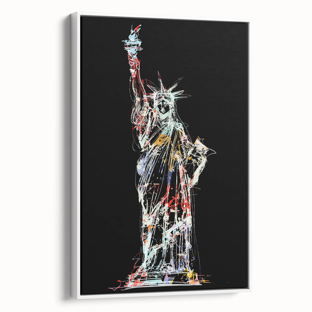 Vintage poster art of the Statue of Liberty in colorful hues on a large framed canvas, ideal for living room decor.