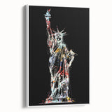 Vintage poster art of the Statue of Liberty in colorful hues on a large framed canvas, ideal for living room decor.