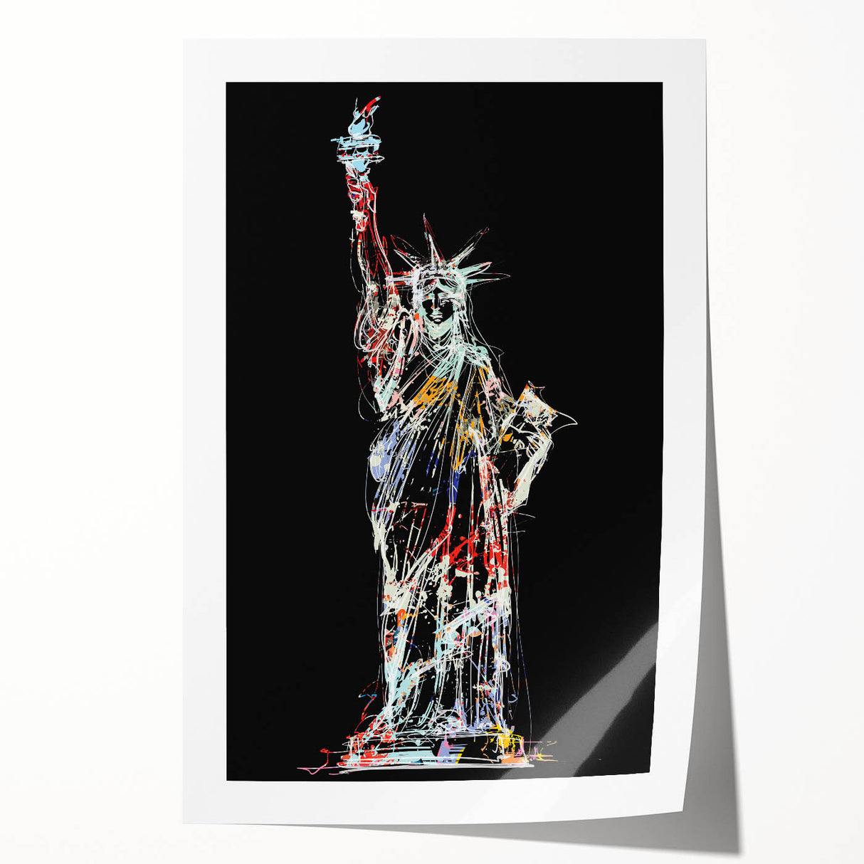 Rolled print of New York City featuring the Statue of Liberty in muted green and blue tones, suited for dining room wall art.