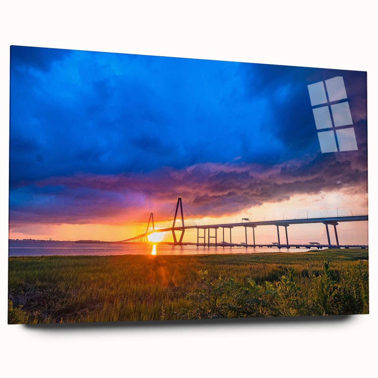Large abstract depiction of Charleston scenery in muted earth tones on acrylic glass.