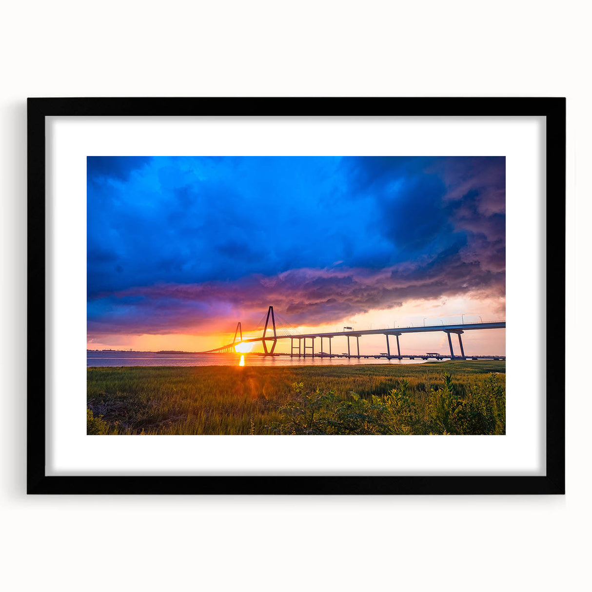 Extra large, textured abstract art print of colorful Charleston scenery on a black framed canvas.