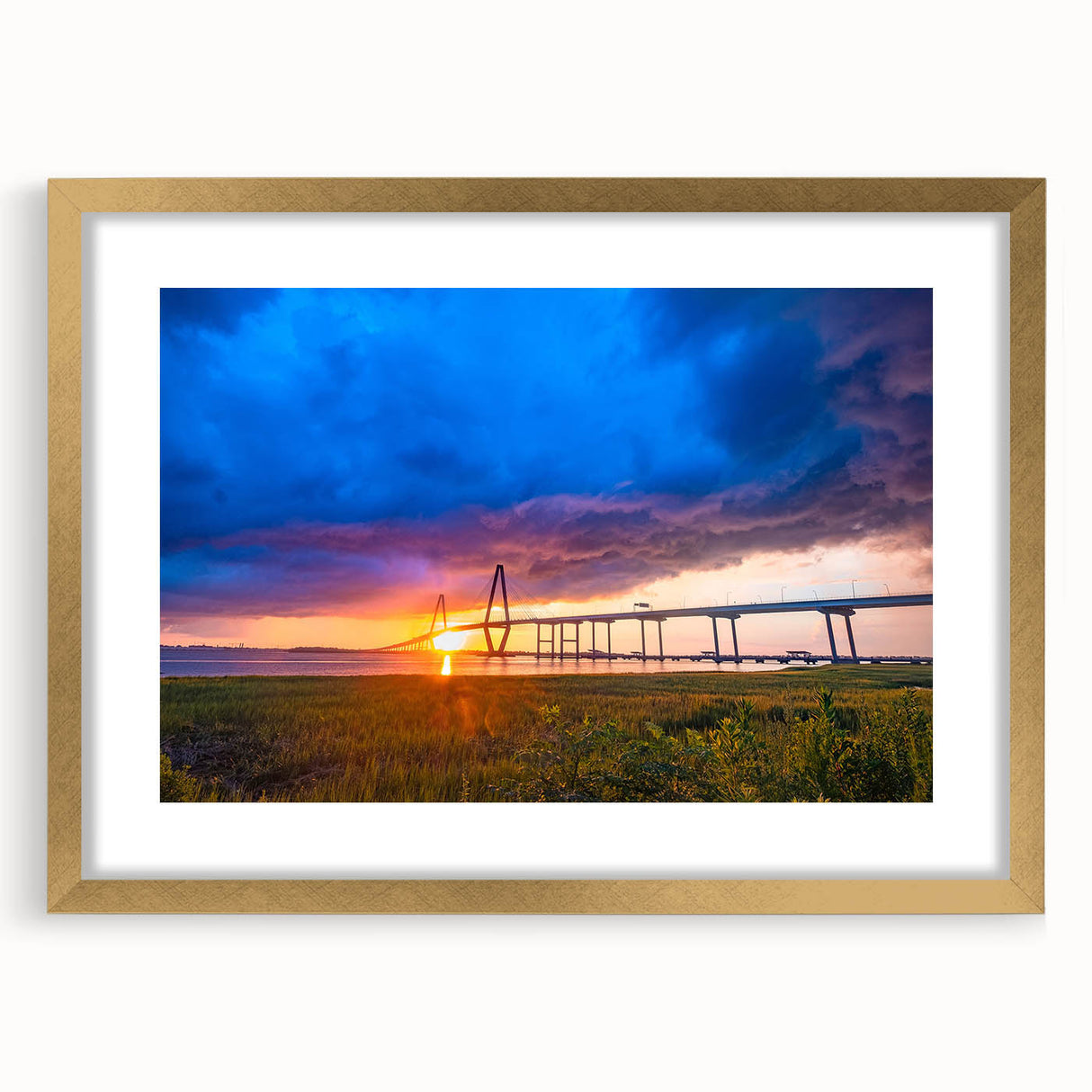 Extra large abstract art print of Charleston scenery in gold frame, with textured design and muted colors.