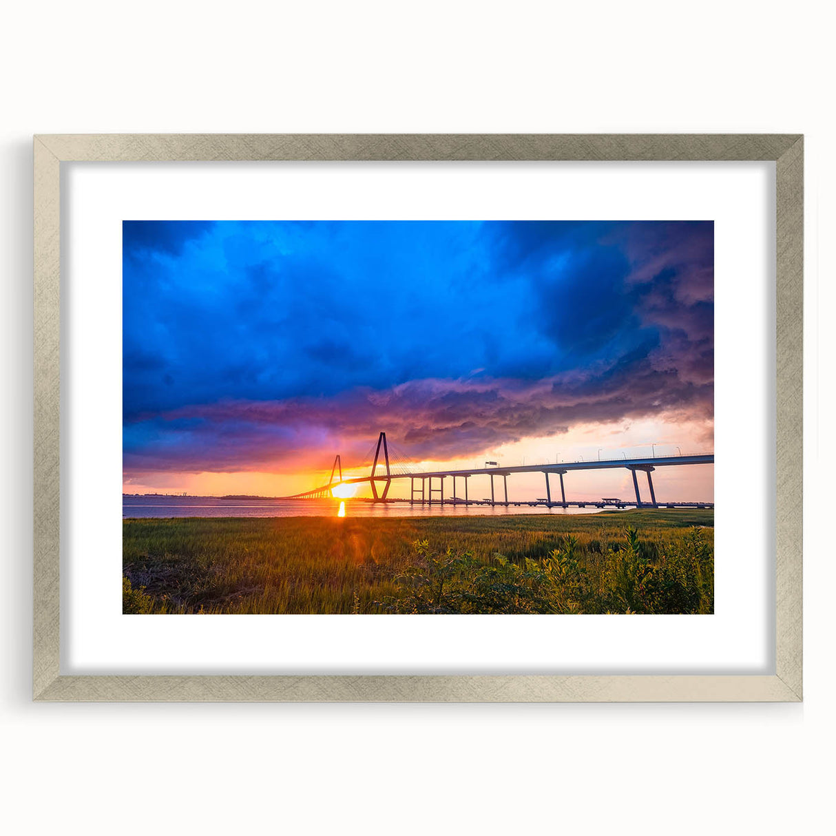 Textured abstract art print of Charleston scenery in muted earth tones, framed in silver, ideal for bedroom art.