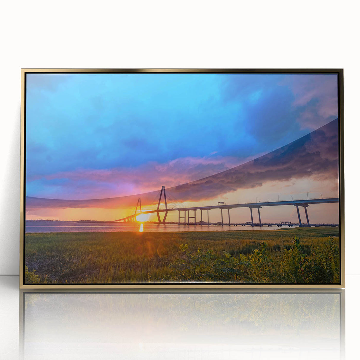 Mid-century modernist acrylic print of Charleston scenery in gold frame, ideal for nursery wall art.