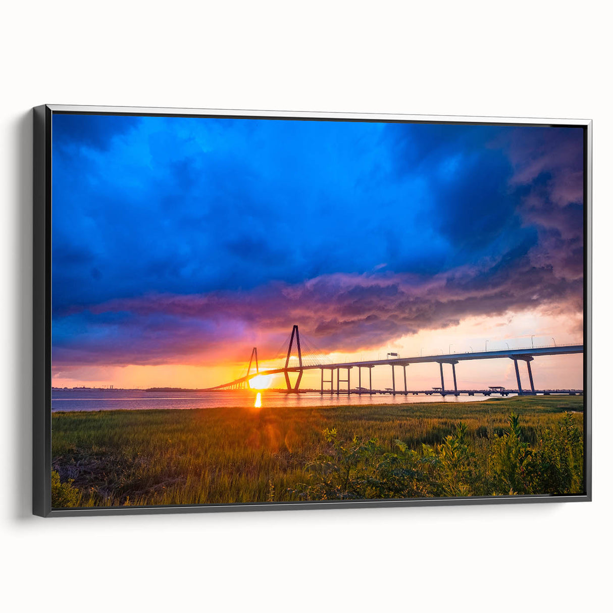 Black and white framed canvas of Charleston landscape with vintage poster art style, ideal for bedroom wall decor.