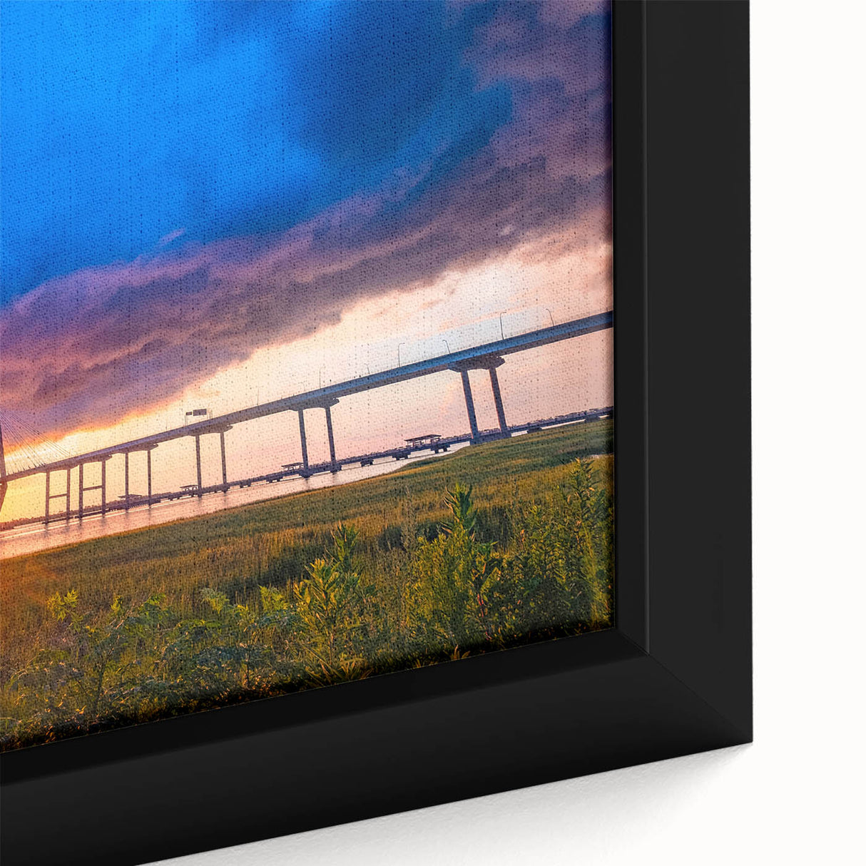 Extra large framed canvas of a textured Charleston, South Carolina scenery in black with colorful accents.