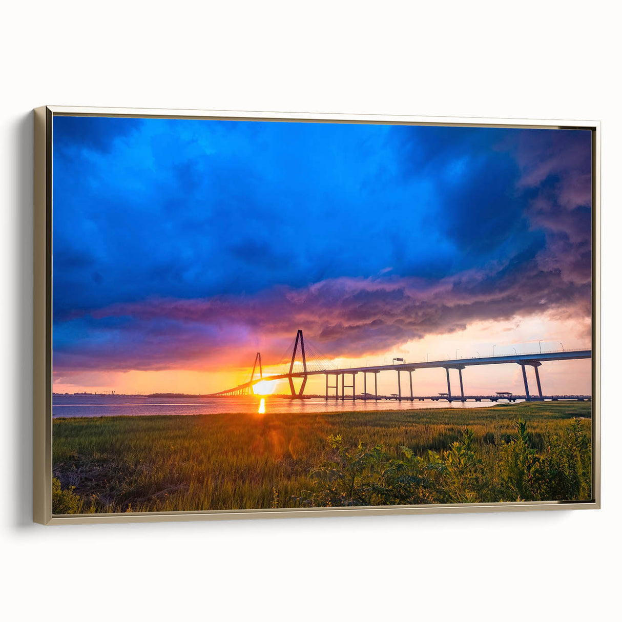 Framed canvas of a Charleston landscape in muted gold and black tones, ideal for bedroom wall art.