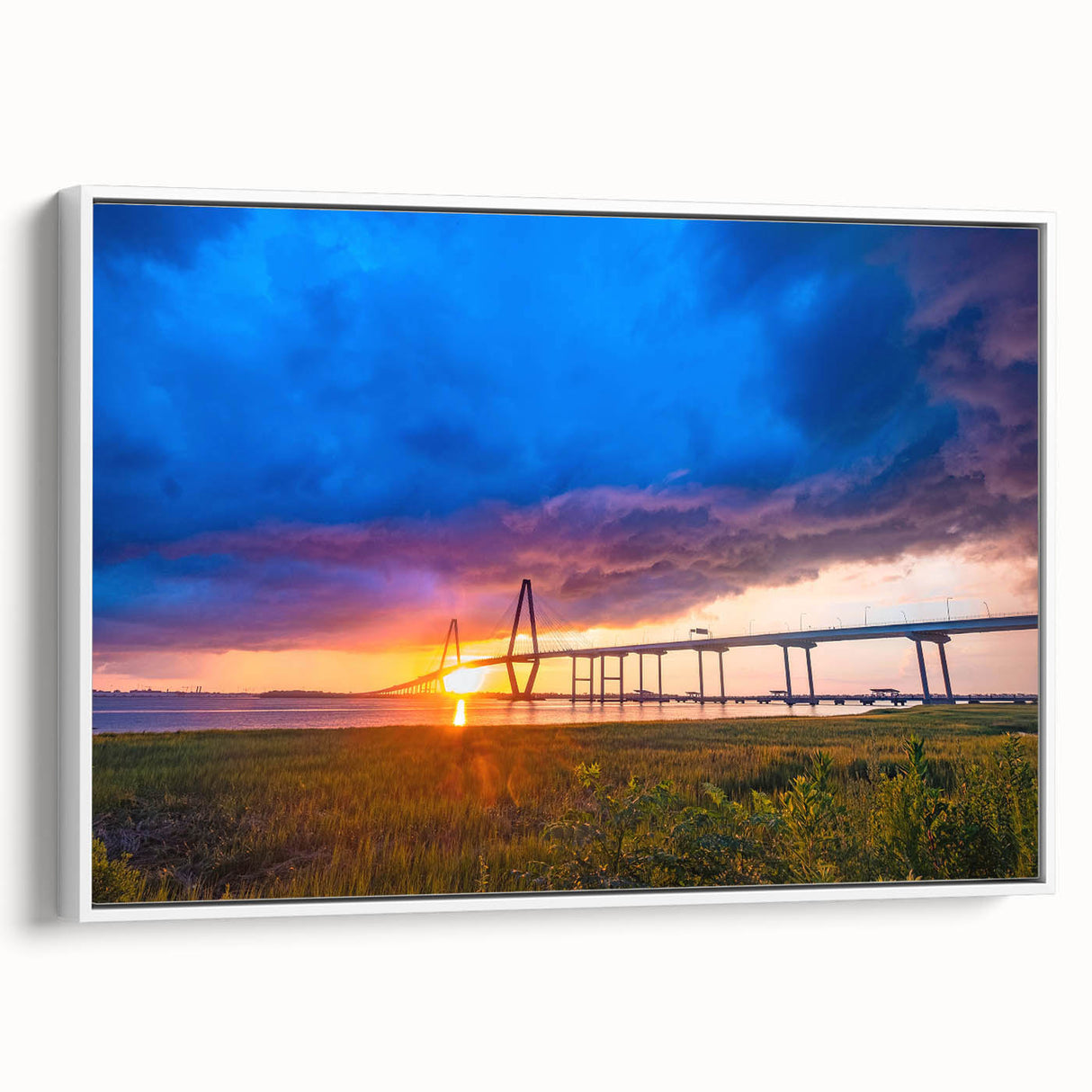 Vintage poster art of Charleston, South Carolina on a framed canvas, featuring colorful artwork ideal for living room decor.