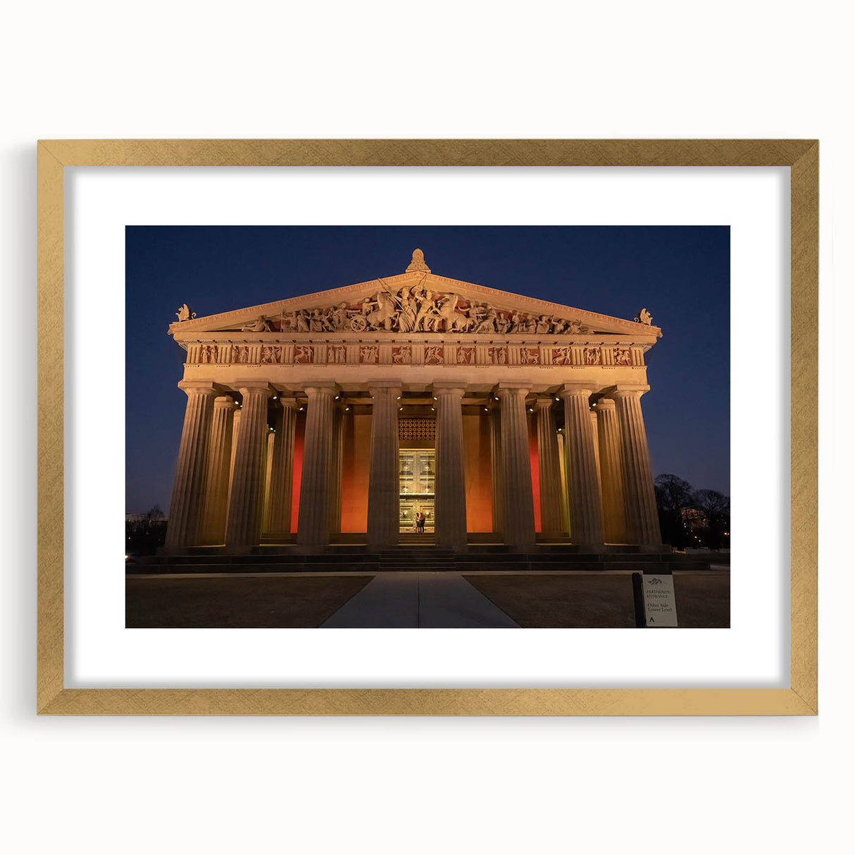 Extra large abstract art print of Nashville skyline in textured gold frame, suited for living room decor.