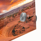 Mid-century modernist style large abstract depiction of Utah Arches on acrylic glass, using earth tones.