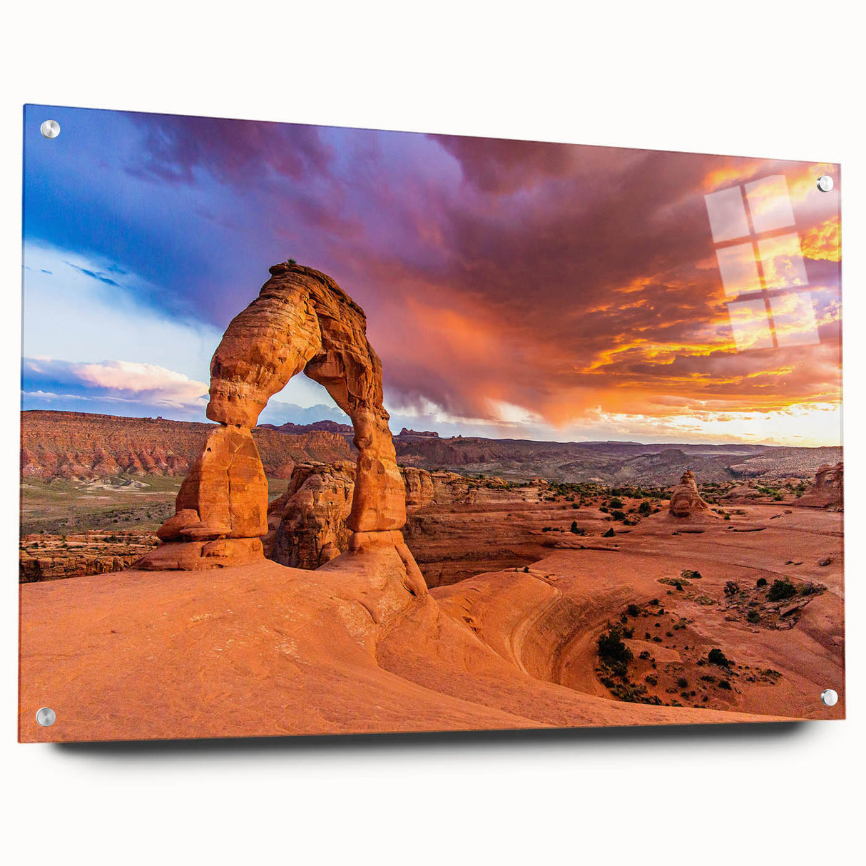 Acrylic print of Arches National Park in Utah, featuring red rock formations under a blue sky.