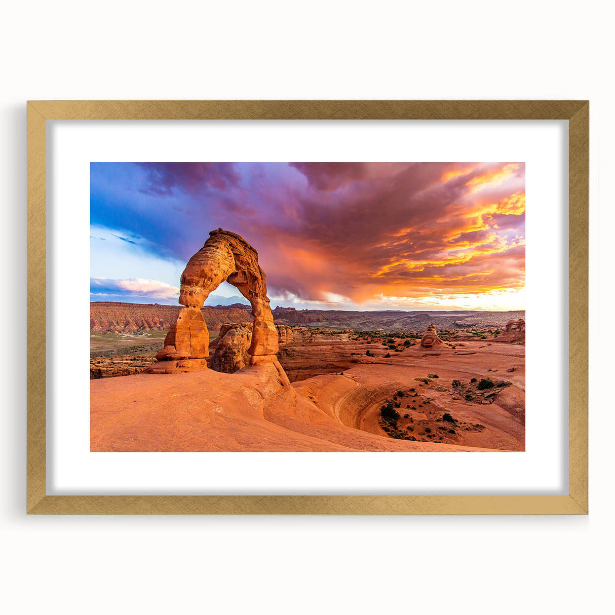 Extra large wall art featuring a textured abstract print of Utah Arches in gold frame, ideal for living room decor.