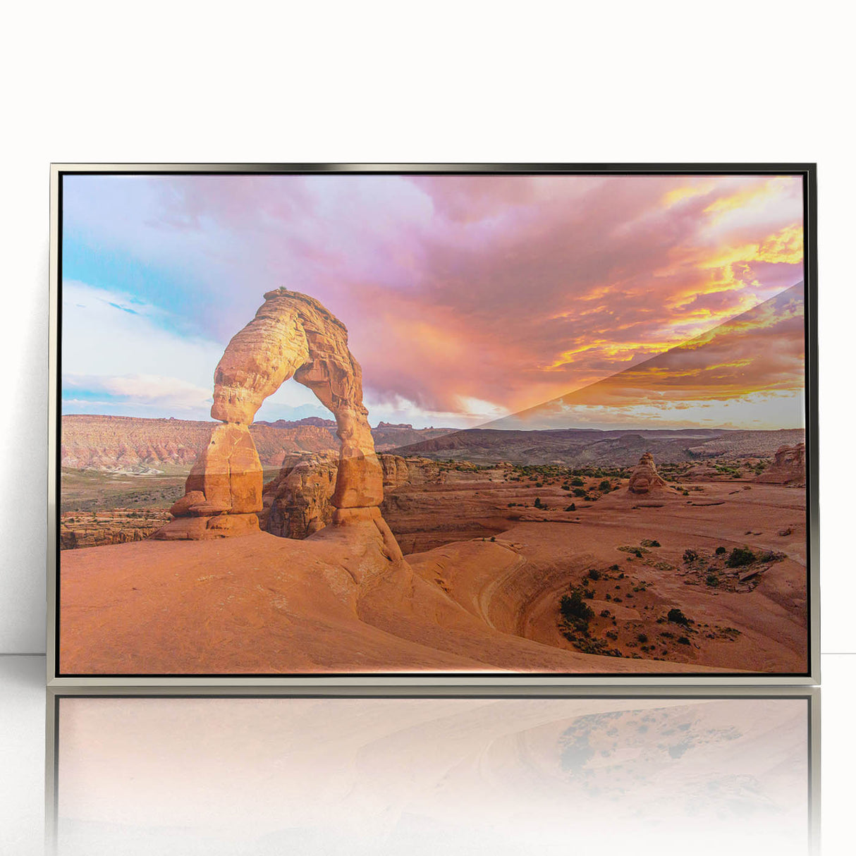 Mid-century modernist art of Utah Arches in acrylic print with silver frame, using earthy tones.
