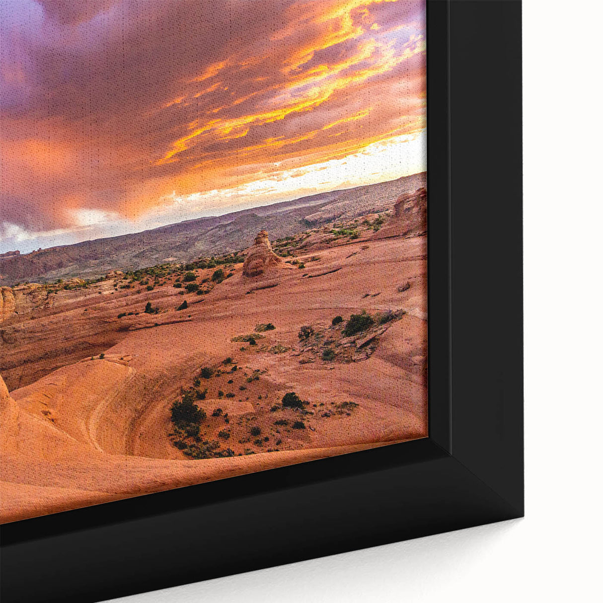 Close-up of a vintage poster art featuring Arches National Park on a framed canvas, with colorful art in extra large size.