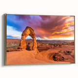 Framed canvas of Arches National Park with vivid sunset colors, ideal for enhancing a living room or office decor.