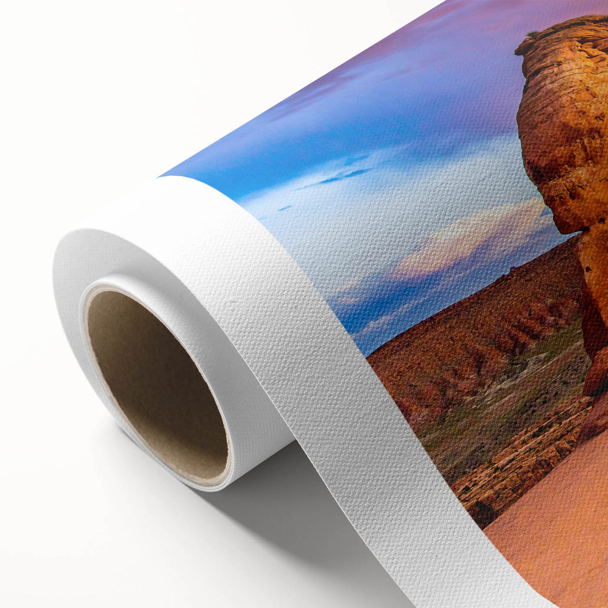 Art Deco-style depiction of Arches National Park in Utah on rolled canvas, featuring warm earth tones.