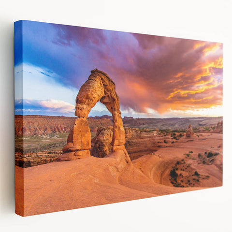 Arches National Park scenery on large stretched canvas, featuring earthy red and orange tones, suitable for kitchen wall art.