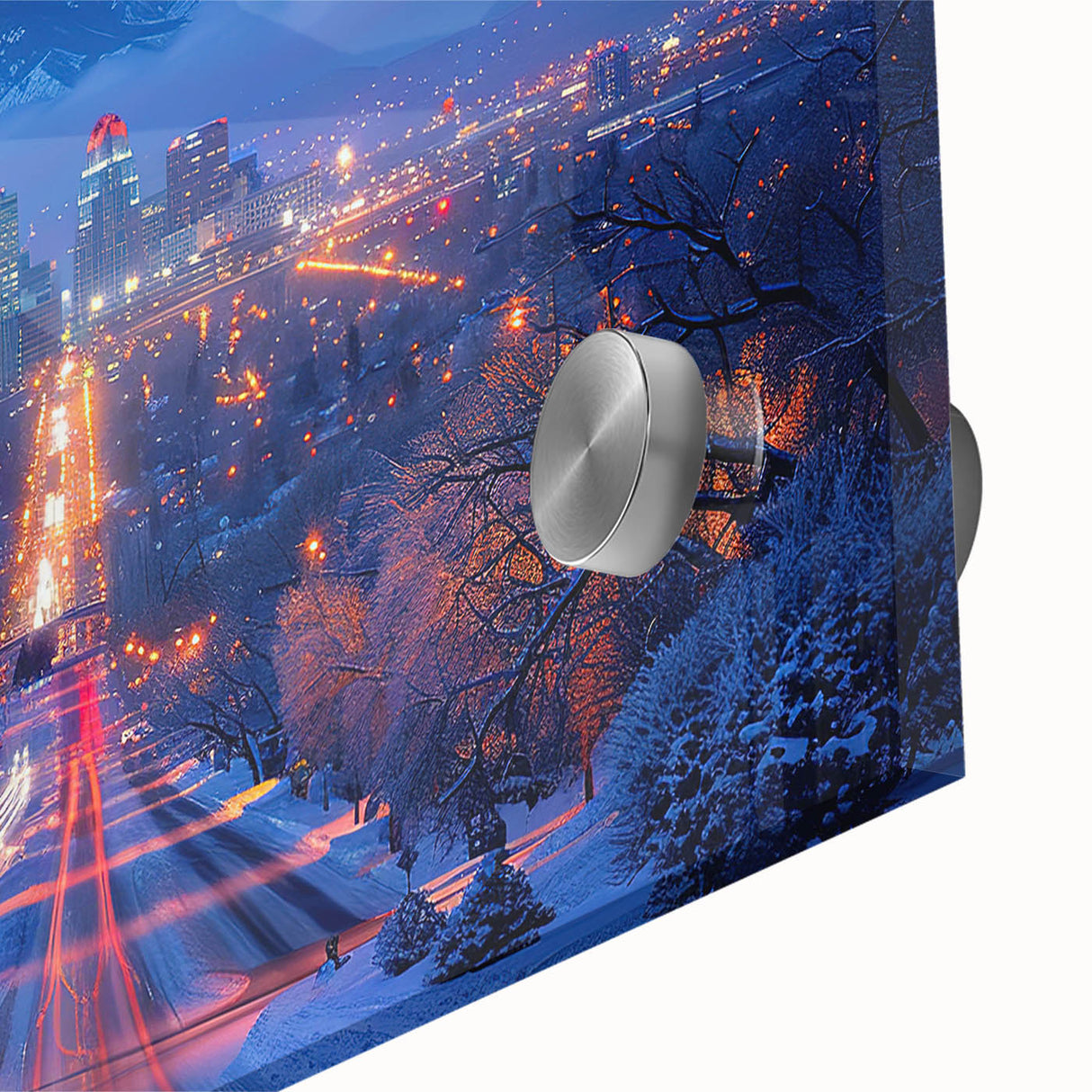 Large abstract wall art of Salt Lake City in muted blue and gray tones on acrylic glass.
