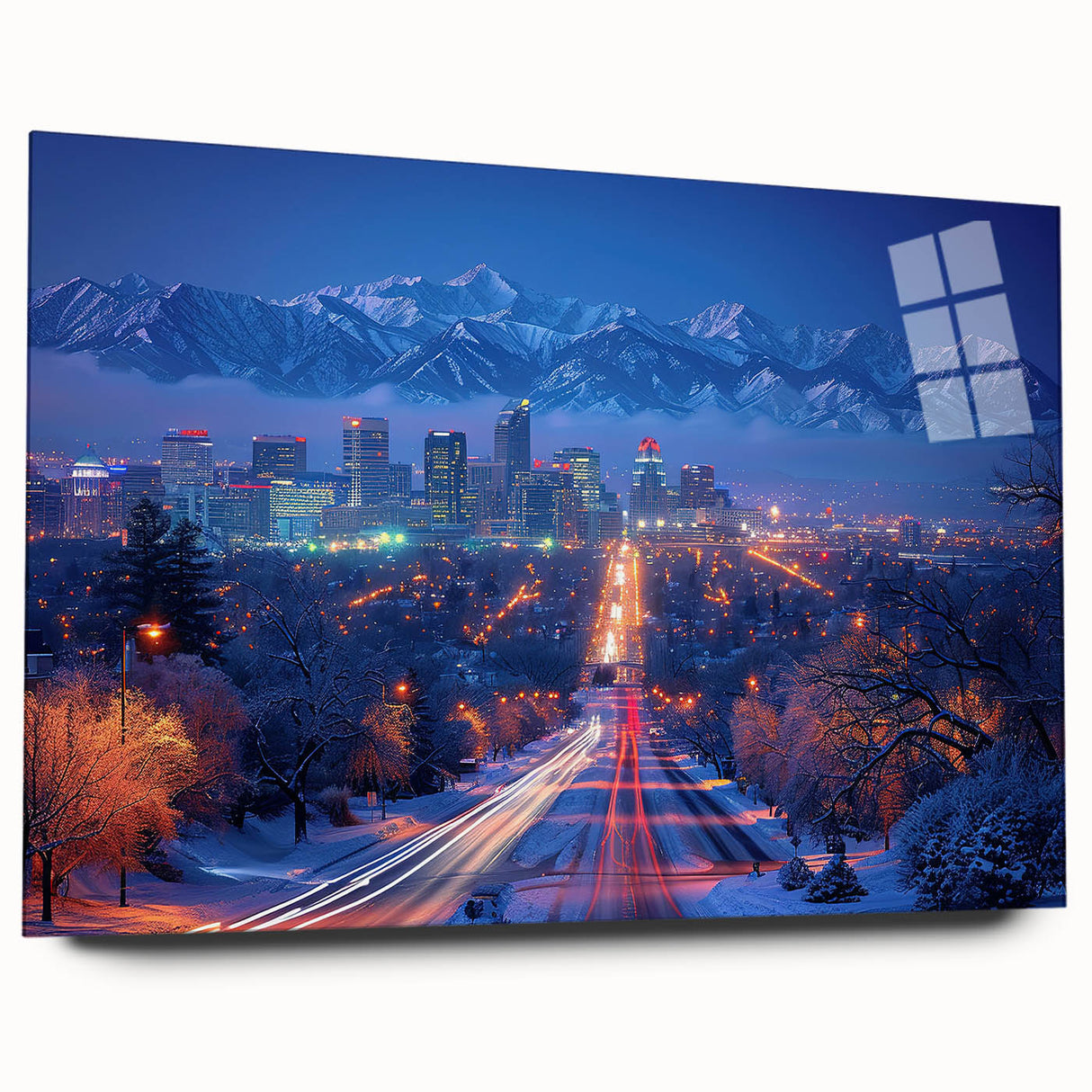 Large abstract depiction of Salt Lake City on acrylic glass, in muted earth tones, ideal for dining room art.