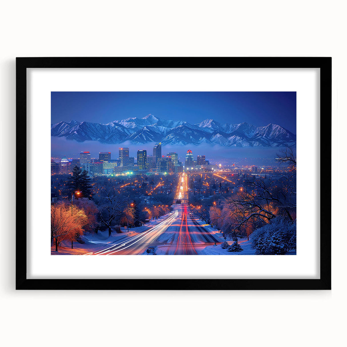 Colorful abstract art print of Salt Lake City, featuring vibrant hues on textured canvas, framed in black.