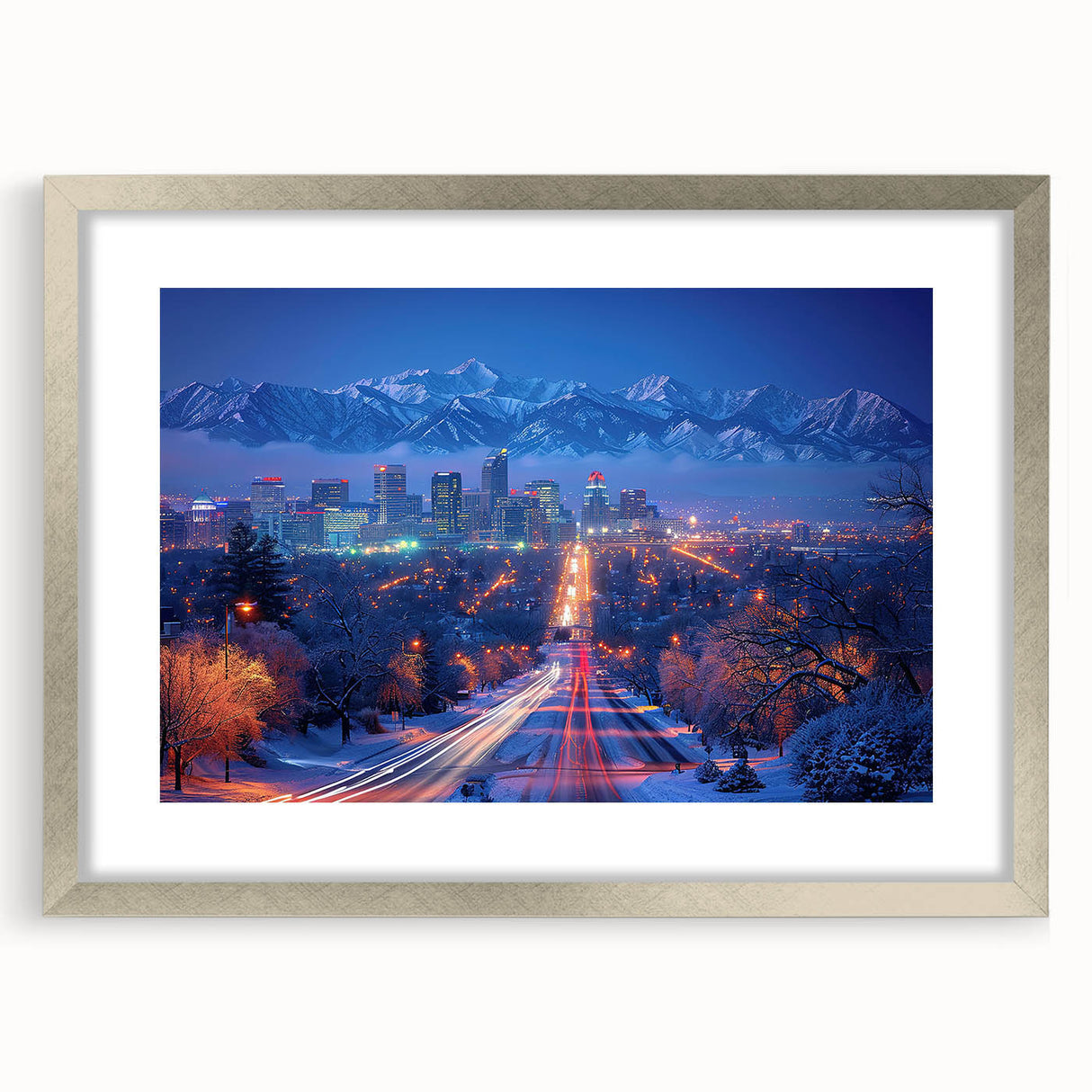 Textured art print of Salt Lake City with abstract design in cool blue tones, framed in silver, ideal for bedroom art.