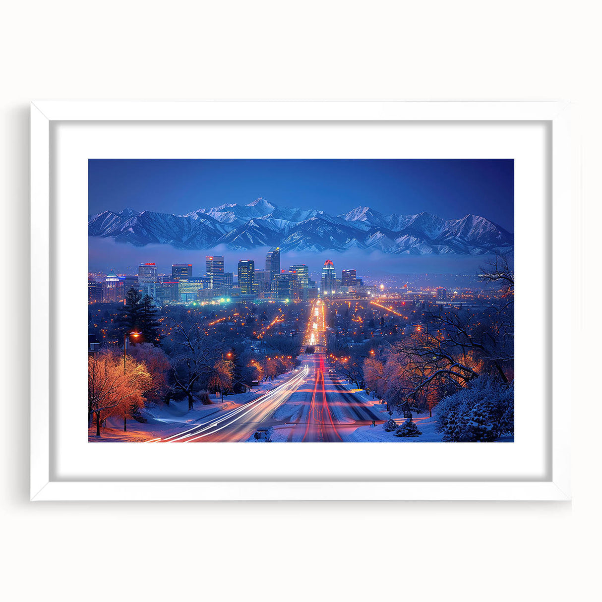Abstract art print of Salt Lake City with muted blue and gray tones on a framed white mat, ideal for dining room decor.
