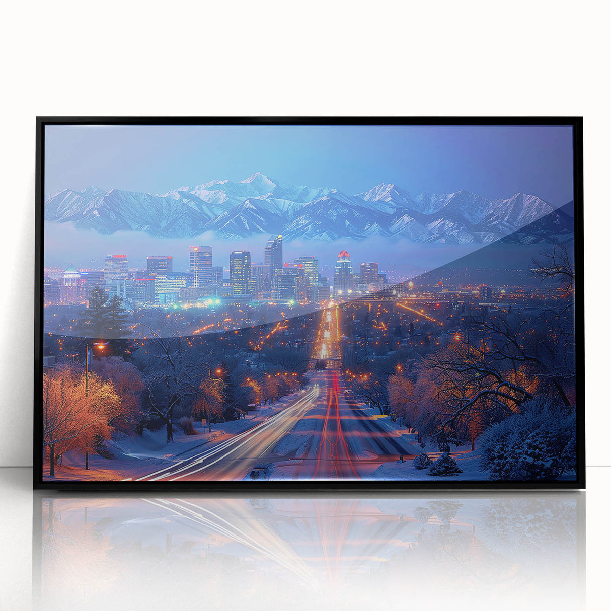 Large abstract wall art featuring Salt Lake City in muted gray and blue tones on a framed acrylic print.