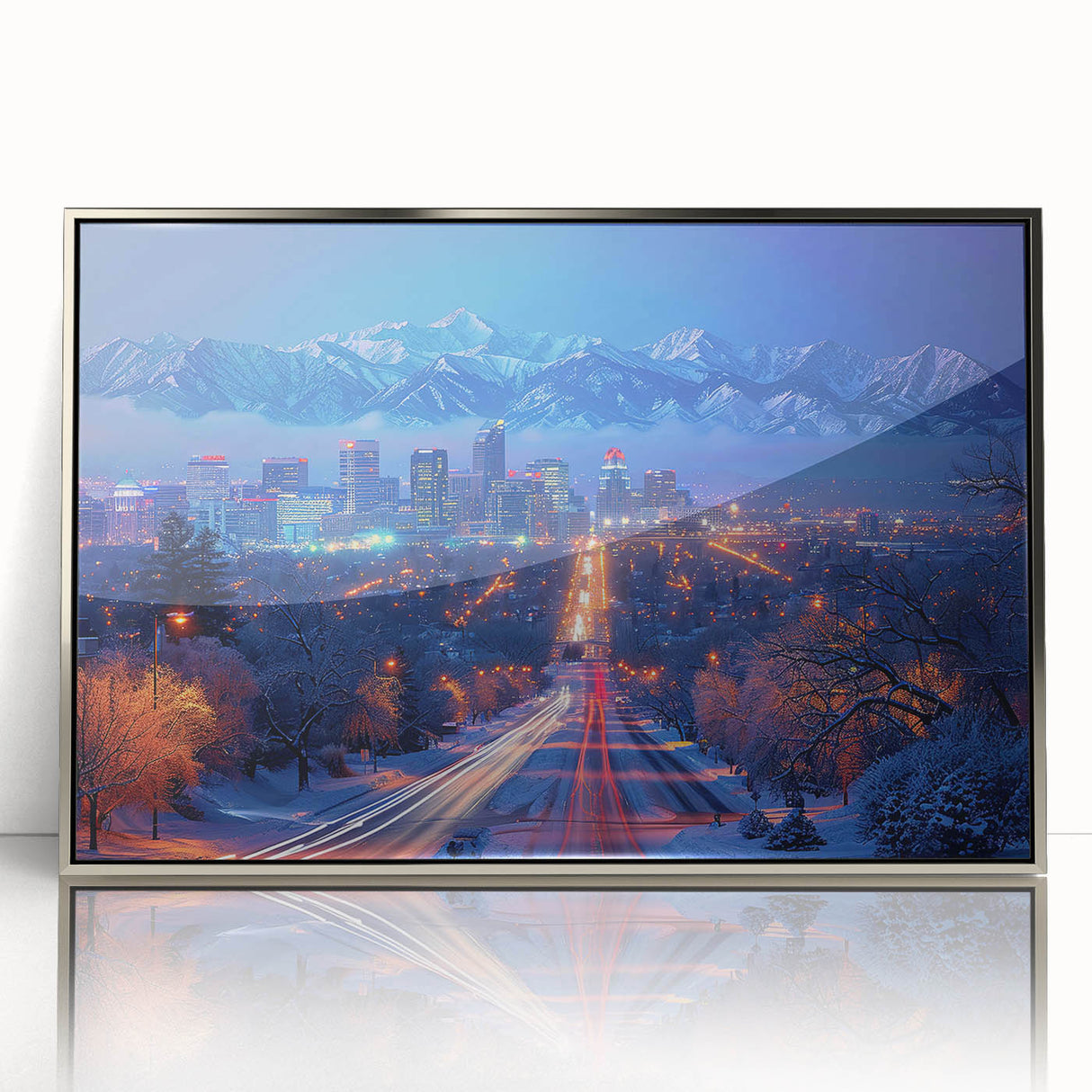 Mid-century modernist art of Salt Lake City in muted gray tones on a framed acrylic, ideal for modern art wall decor.
