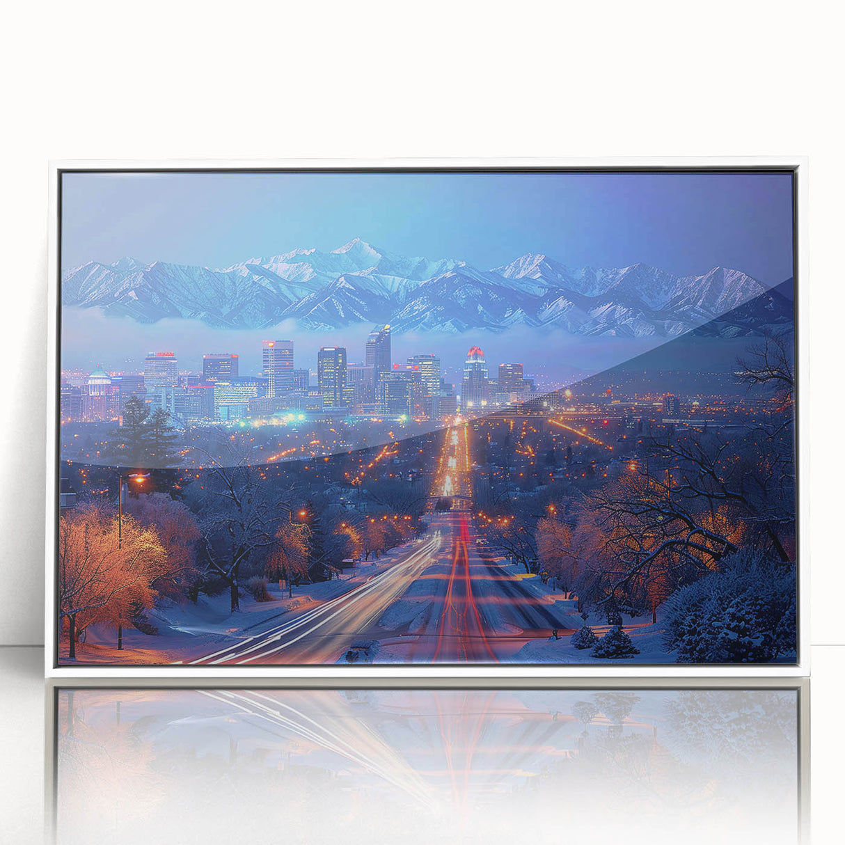 Framed acrylic print of Salt Lake City with art deco influences, featuring muted earth tones.