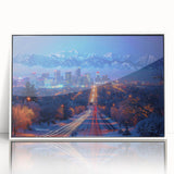 Framed acrylic print of Salt Lake City with art deco influences, featuring muted earth tones.