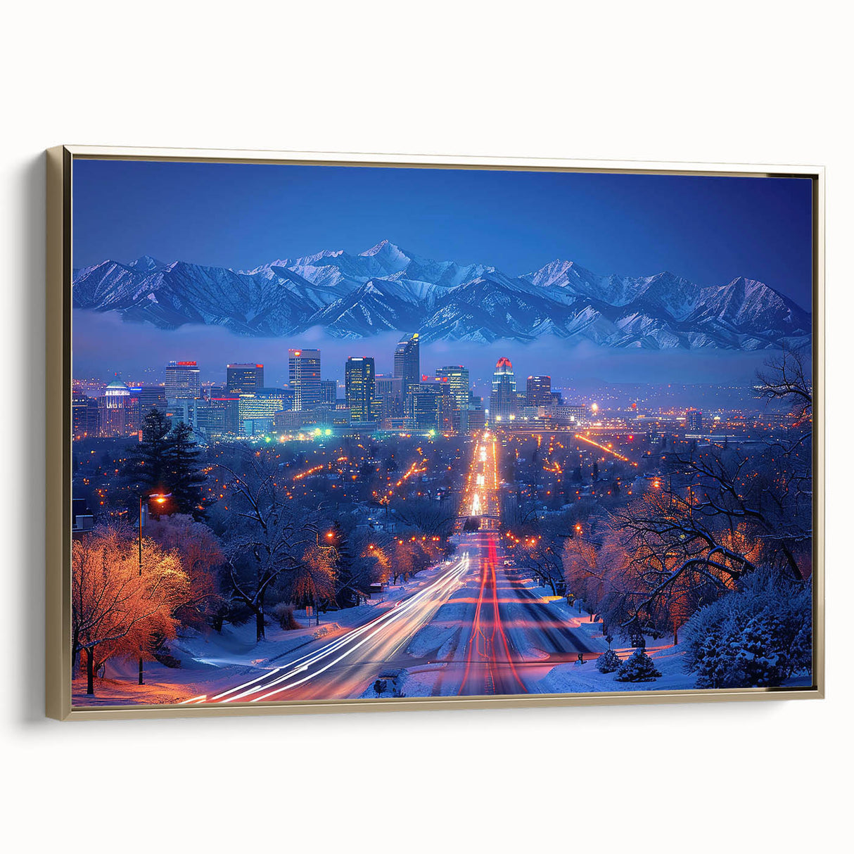 Framed canvas landscape painting of Salt Lake City with vintage poster style in black and gold tones.