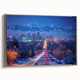 Framed canvas landscape painting of Salt Lake City with vintage poster style in black and gold tones.