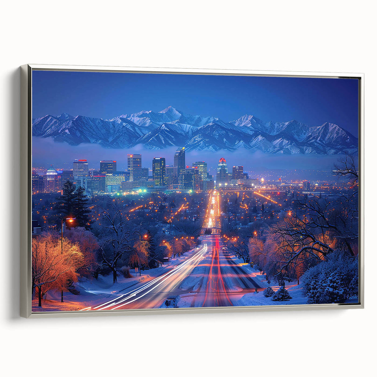 Framed canvas of Salt Lake City landscape art painting in vintage poster style, featuring a black and colorful art palette.