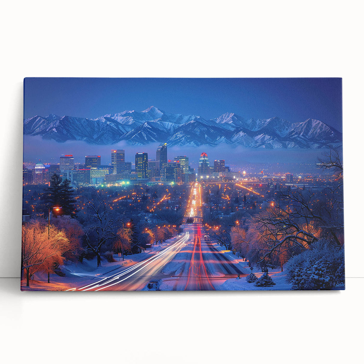 Black and white stretched canvas of Salt Lake City skyline, suitable as large kitchen wall art or for bedroom ambiance.