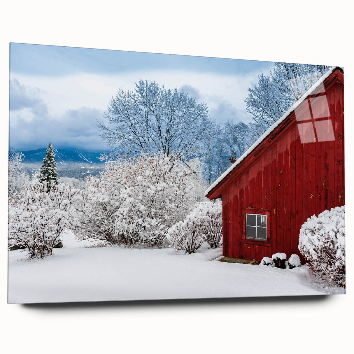 Large abstract wall art of Vermont scenery in muted greens and blues on acrylic glass.