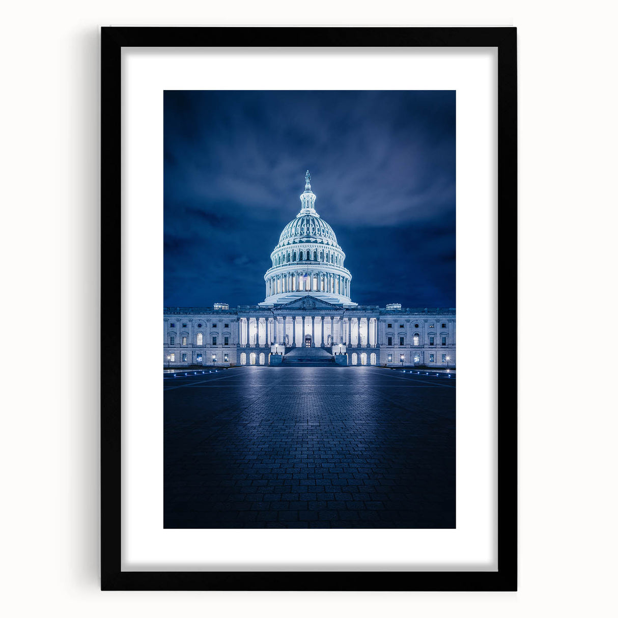 Abstract art print of Washington DC Capitol in colorful, textured style on extra large framed canvas.