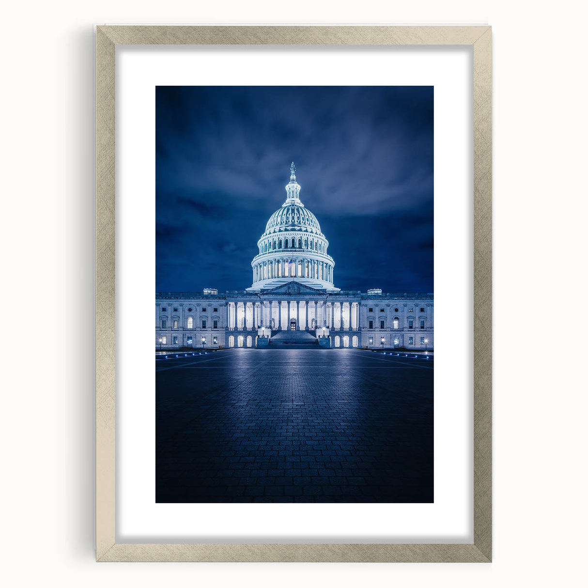 Textured art print of the Washington DC Capitol in abstract style, featuring muted earth tones, framed in silver.
