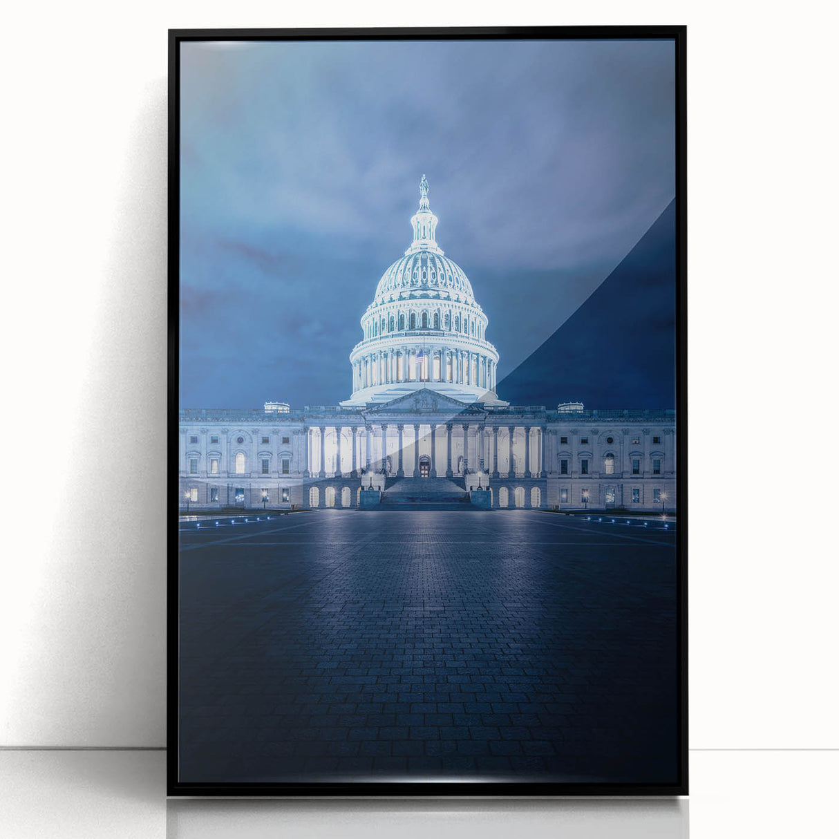 Large abstract wall art of the Washington DC Capitol in muted gray tones on framed acrylic.