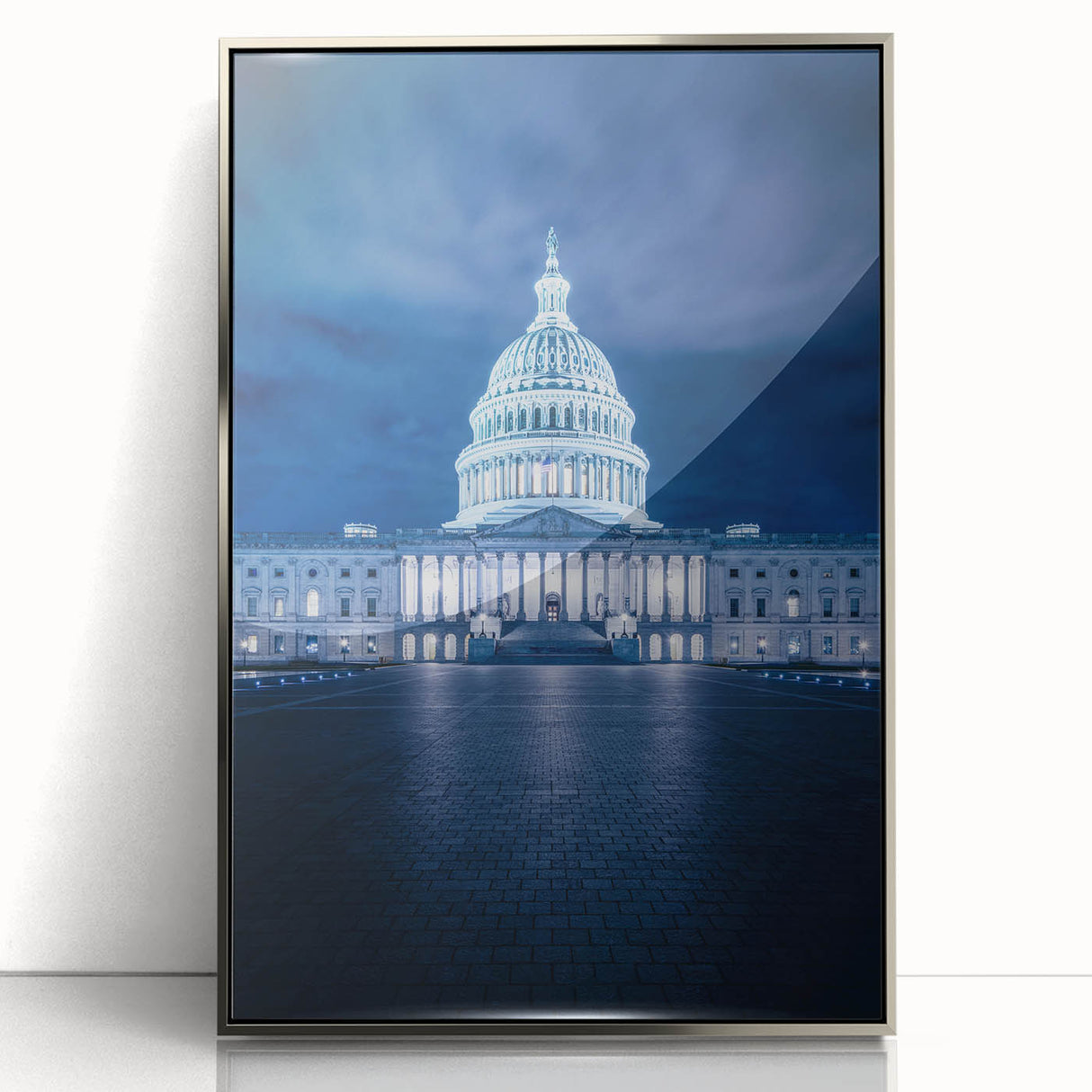 Mid-century modernist art of the Washington D.C. Capitol in muted grays, framed acrylic, ideal for modern art wall decor.