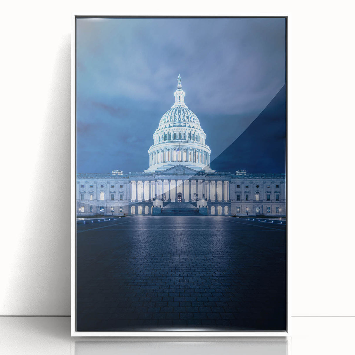Acrylic print of Washington D.C. Capitol in art deco style with muted gray and blue tones, ideal for modern bedroom ambiance.