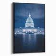 Black and white framed canvas of the Washington D.C. Capitol, ideal for bedroom wall art in vintage poster style.