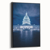 Black and white framed canvas of the Washington D.C. Capitol, ideal for bedroom wall art in vintage poster style.