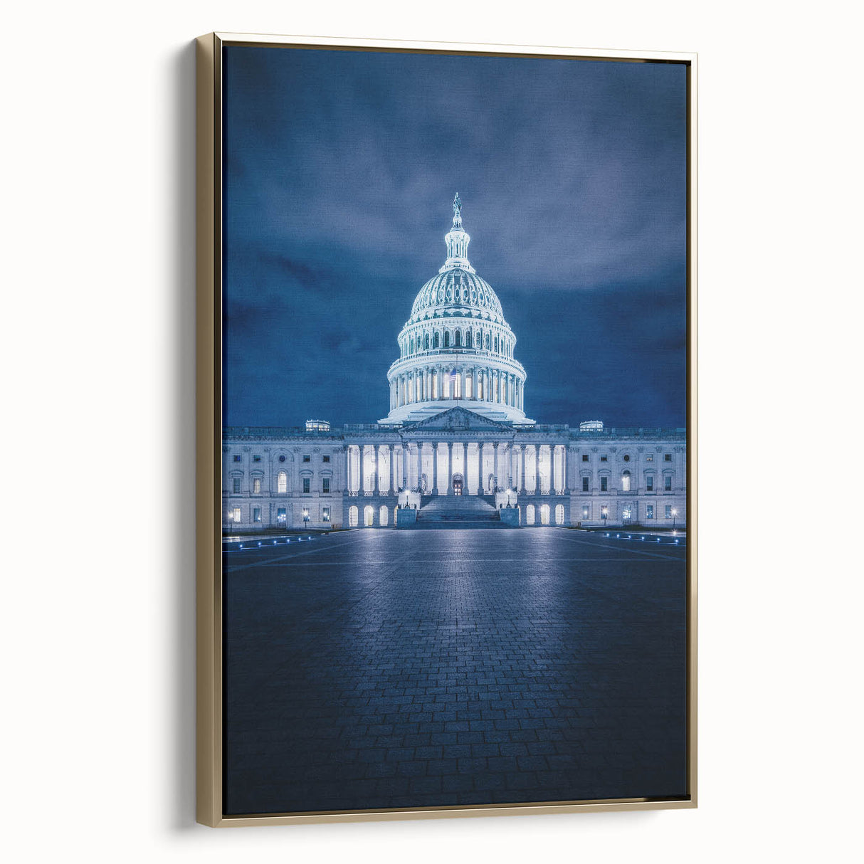 Framed canvas wall art featuring a vintage-style painting of the Washington DC Capitol in black and gold tones.