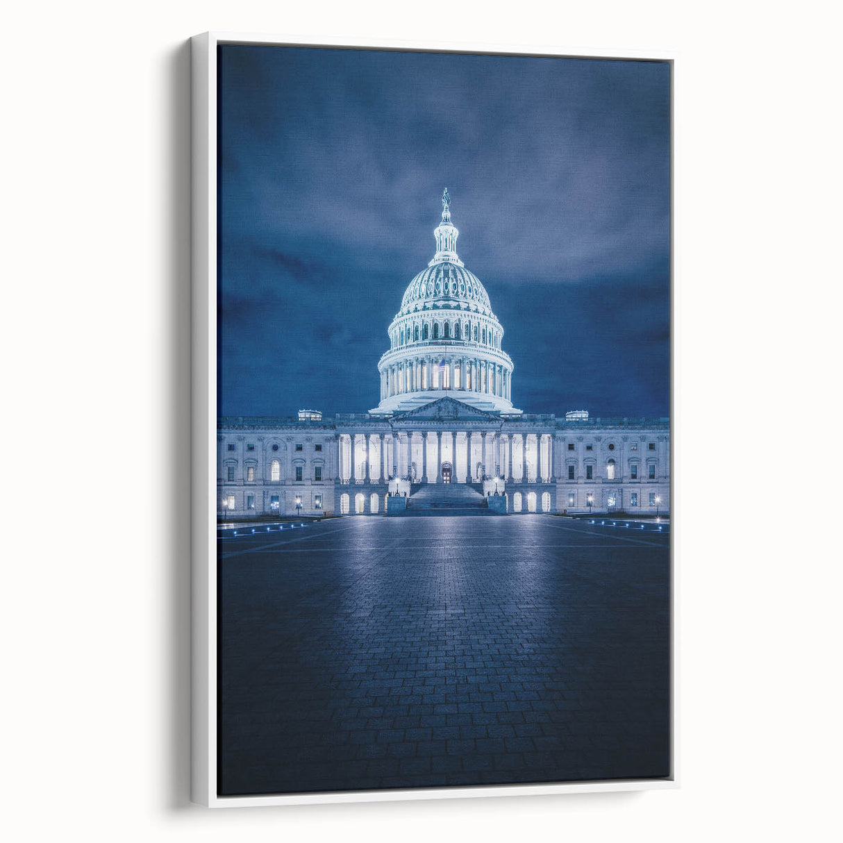 Vintage poster art of the Washington DC Capitol in colorful tones on extra large framed canvas, ideal for living room decor.