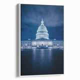 Vintage poster art of the Washington DC Capitol in colorful tones on extra large framed canvas, ideal for living room decor.