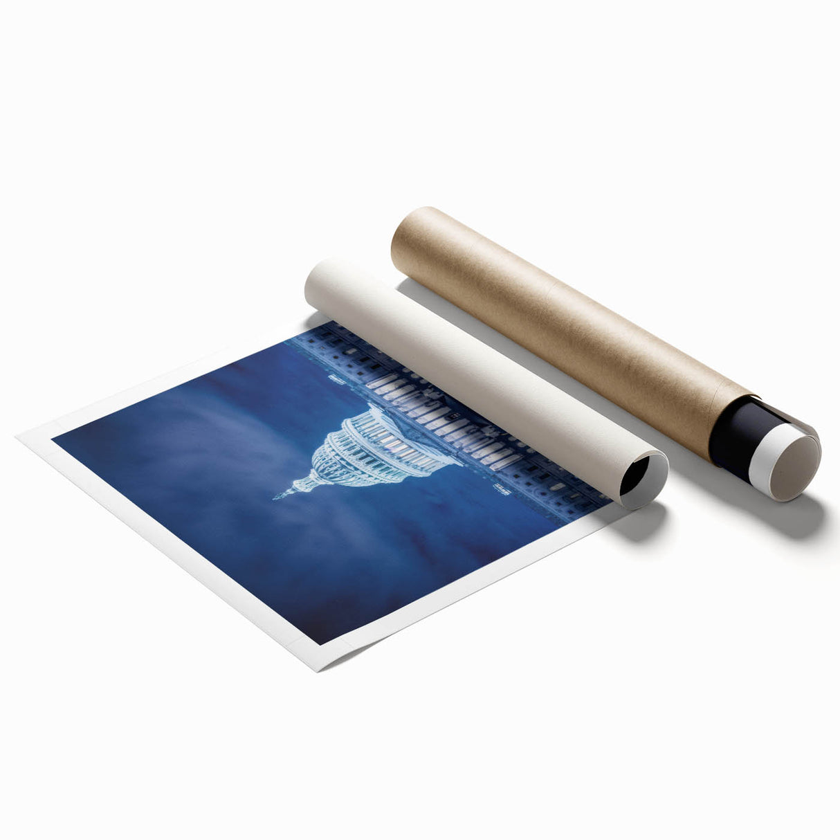 Extra large rolled print of Washington DC Capitol with soft floral accents, suited for classy bathroom wall art.