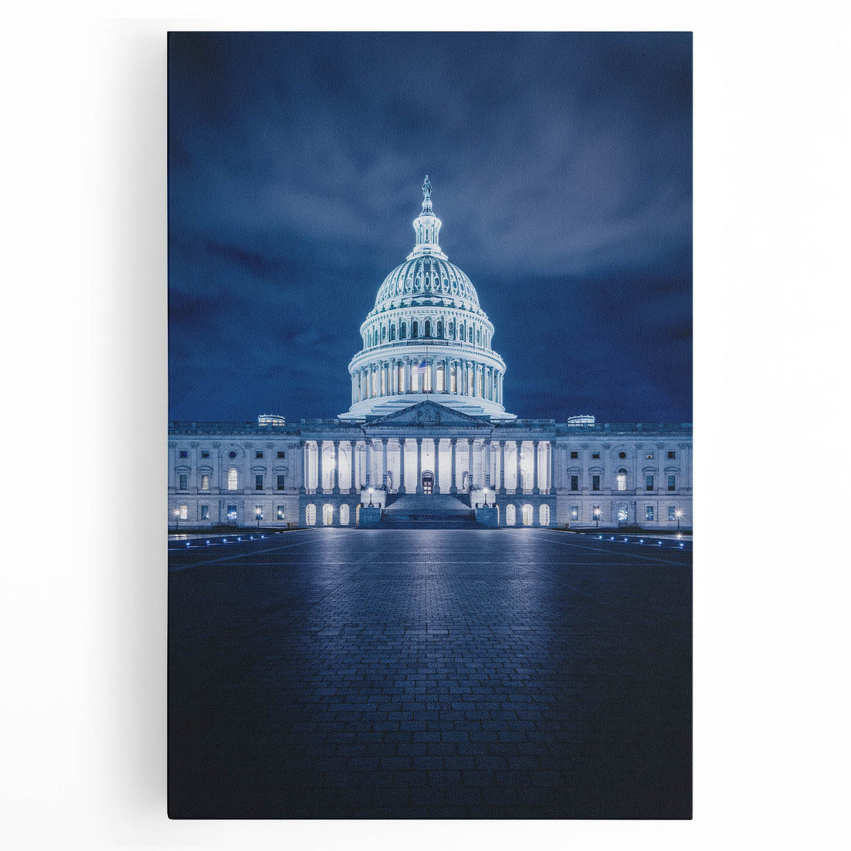 Black and white print of Washington D.C. Capitol on stretched canvas, suitable for kitchen wall art.