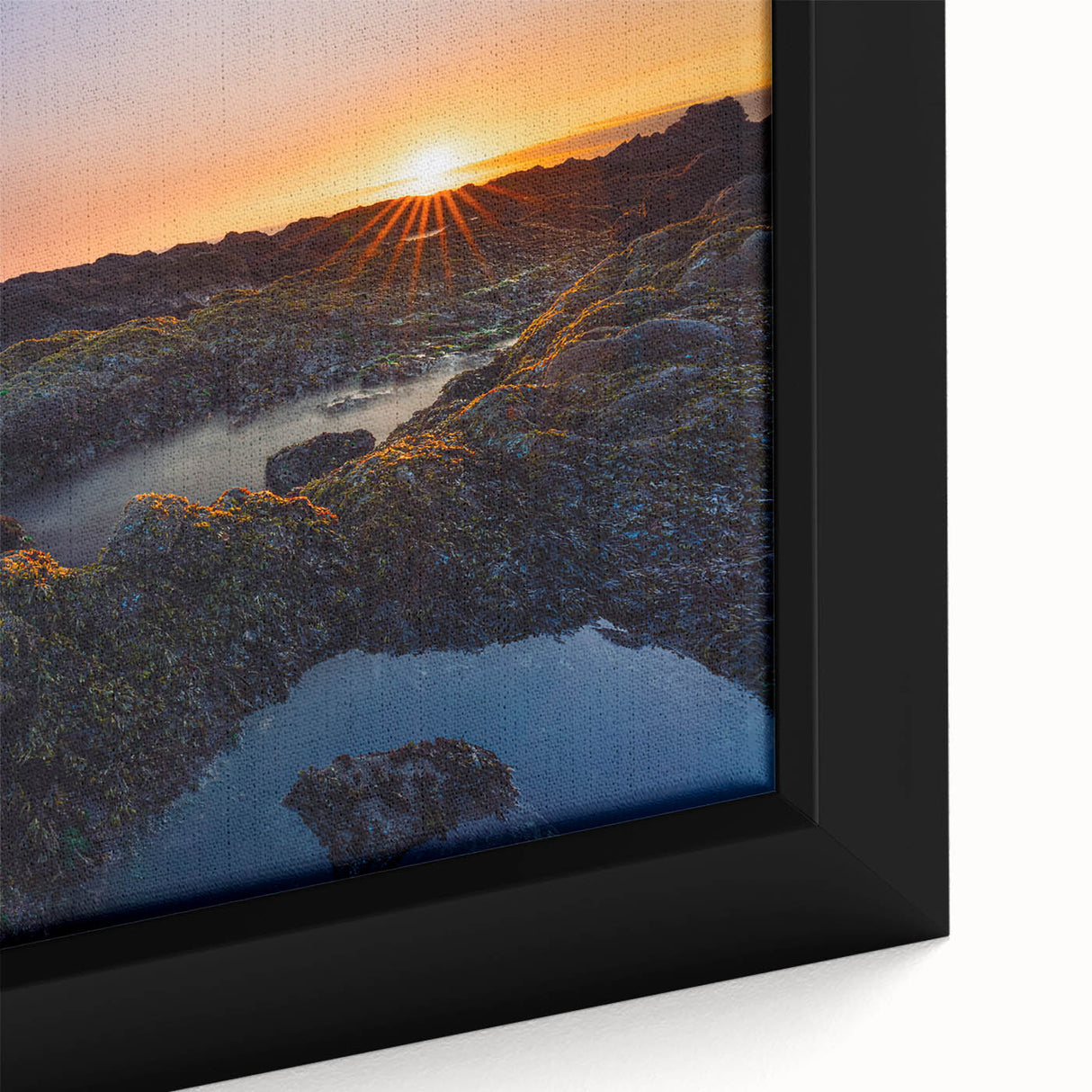 Framed canvas featuring a textured depiction of the Olympic scenery in Washington, using black and colorful art.