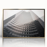 Acrylic print of Seattle skyline in muted gold and blue tones, framed, ideal for modern art wall decor.
