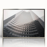 Mid-century modernist art of Seattle skyline in muted silver tones on framed acrylic, suited for modern art wall decor.